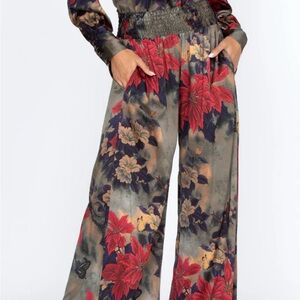 Johnny Was Claret Rachel Floral-Print Wide-Leg Pull-On Silk Pants- NWOT